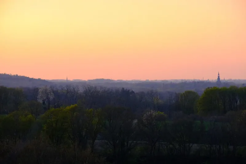 Pastellfarbener Abendhimmel über einer bewaldeten Niederung, am Horizont ragt der Turm von Schloss Moyland aus den Baumwipfeln