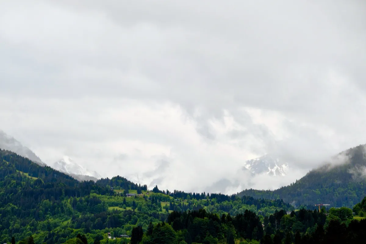 Dichte Wolkendecke über bewaldeten Berghängen, die Gipfel bleiben verhüllt