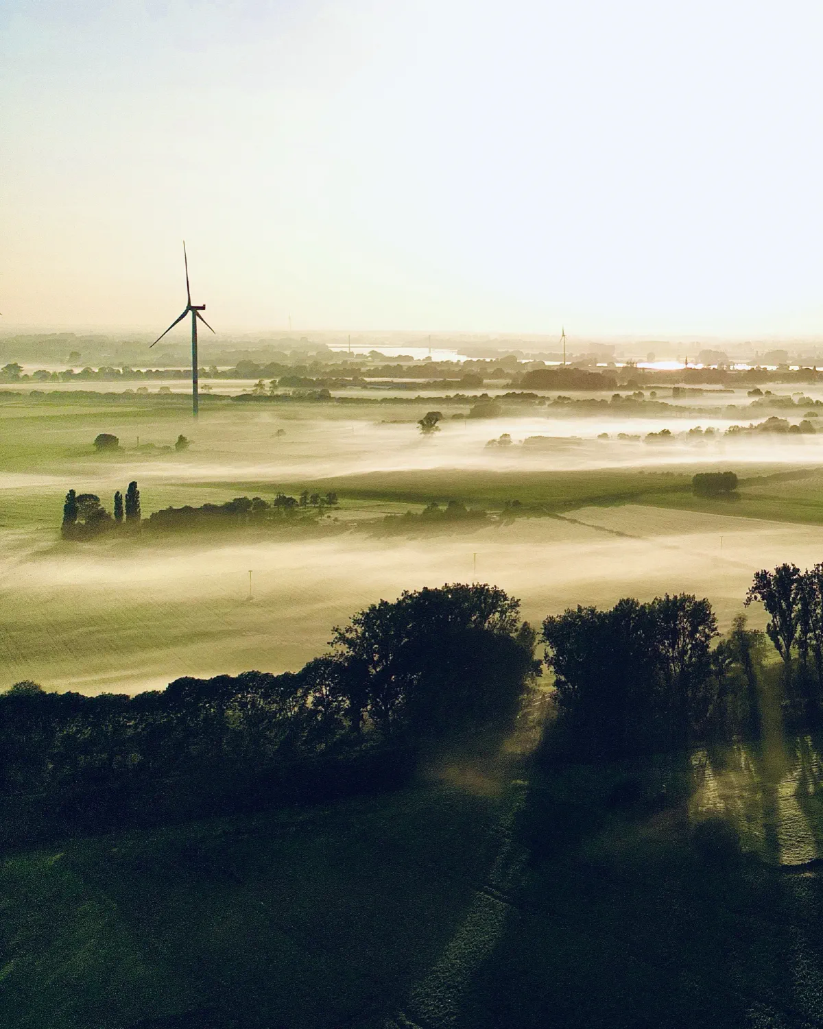 Luftaufnahme über Feldern, Nebelschwaden liegen in den Senken, ein Windrad und lange Schatten im Morgenlicht