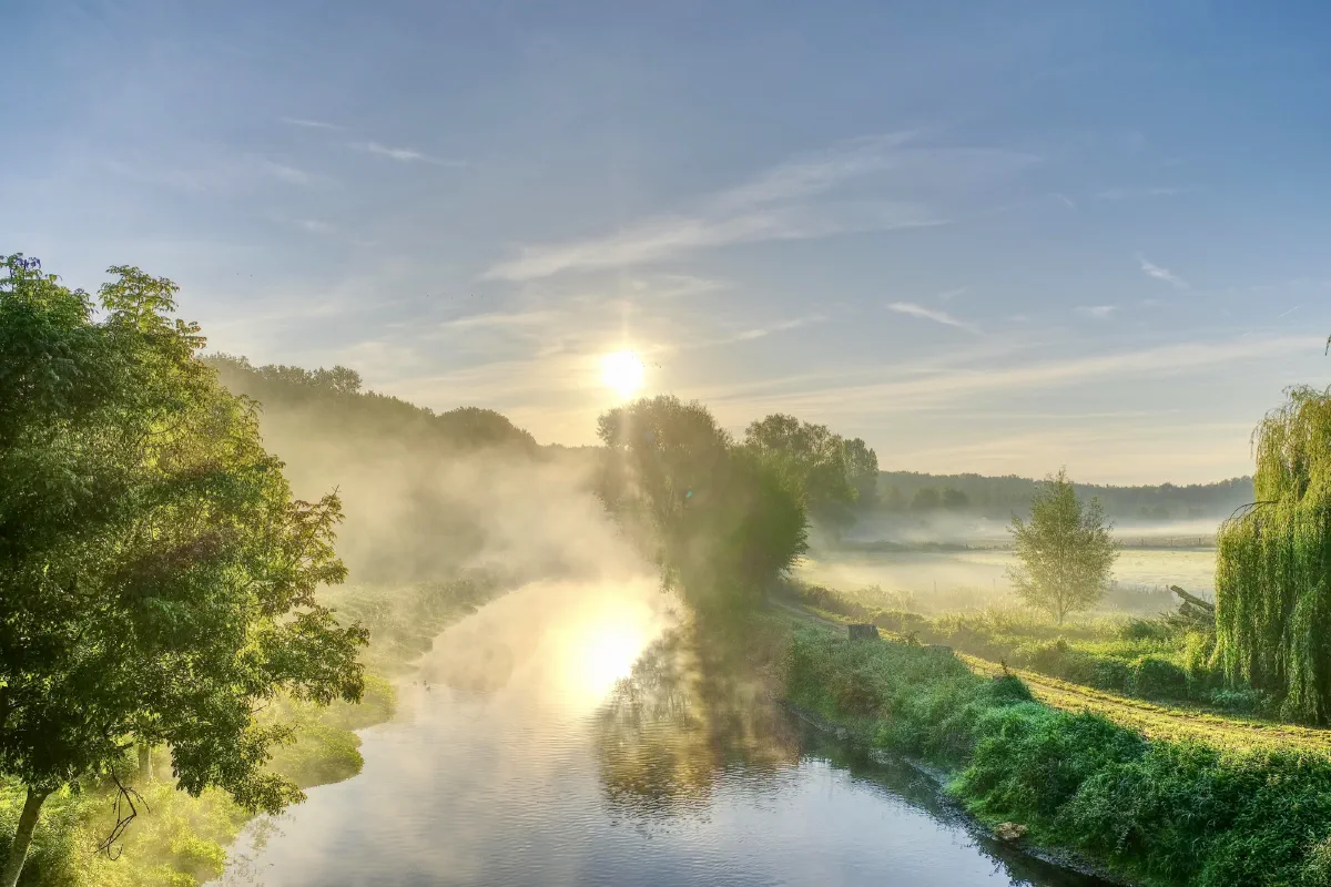 Die Niers im Morgennebel, die Sonne spiegelt sich im Wasser, Weiden säumen das Ufer
